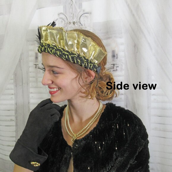 Flapper style softly ruffled gold lame fabric headband on black/gold braid band - Picture 6 of 15